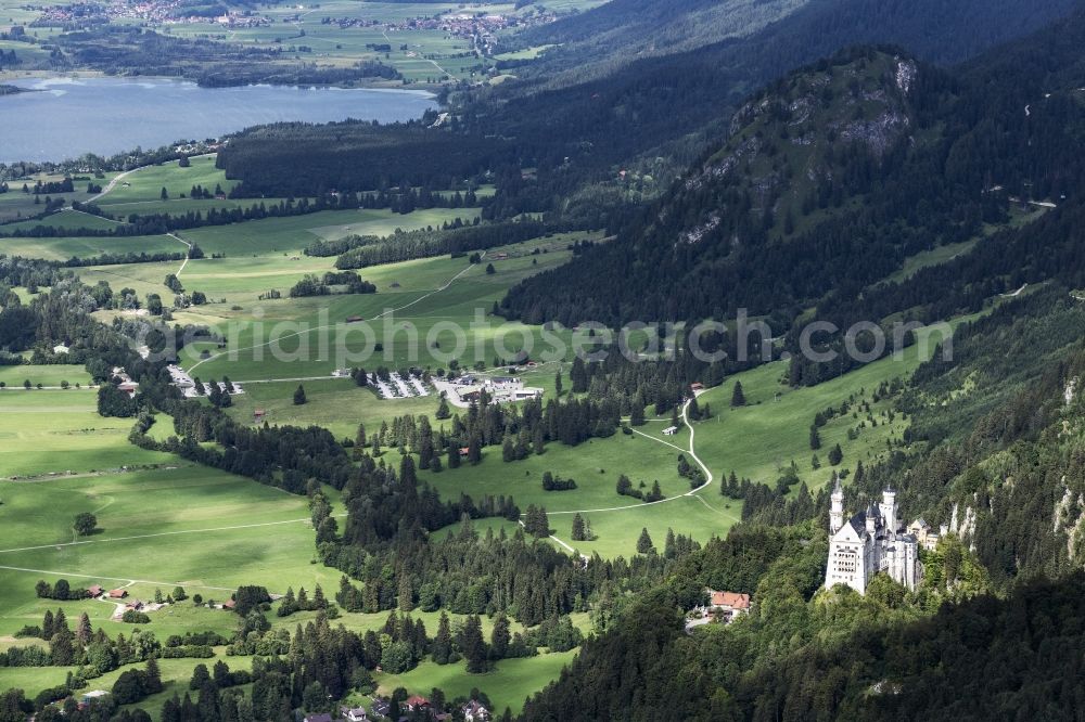 Schwangau from above - Castle of Schloss Neuschwanstein on the Neuschwansteinstrasse in Schwangau in the state Bavaria