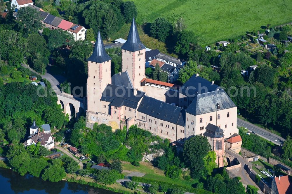 Rochlitz from above - Castle of am Ufer of Zwickauer Mulde in Rochlitz in the state Saxony, Germany