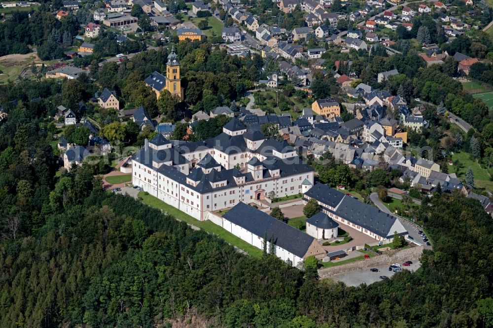 Augustusburg from the bird's eye view: Castle of Schloss und Schlosstheater in Augustusburg in the state Saxony