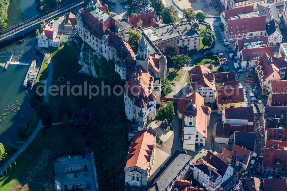 Sigmaringen from above - Castle of Sigmaringen between Danube and old town of Sigmaringen in the state Baden-Wurttemberg, Germany