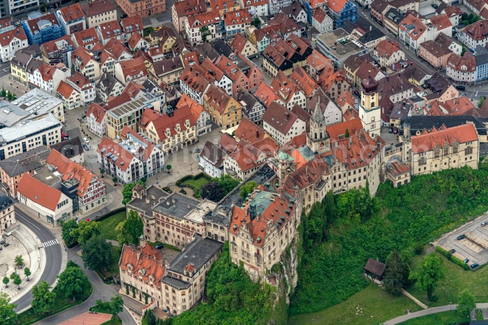 Sigmaringen from above - Castle of Sigmaringen between Danube and old town of Sigmaringen in the state Baden-Wurttemberg, Germany