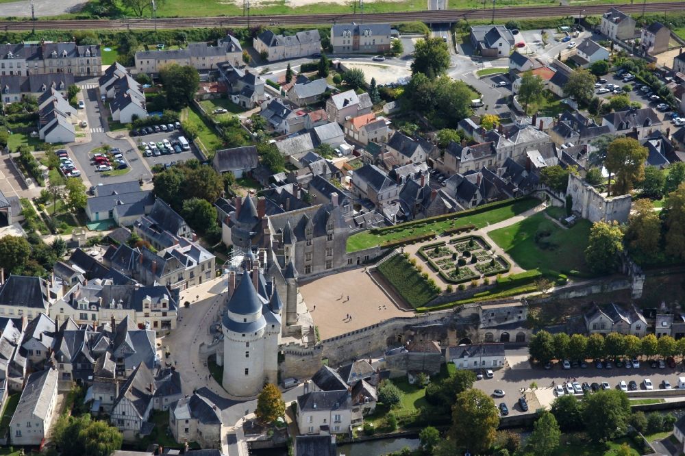 Aerial image Langeais - Castle of Schloss Chateau Langeais in Langeais in Centre-Val de Loire, France. The remains of the Donjon, one of the first to be built in stone, still stand from the original fortress
