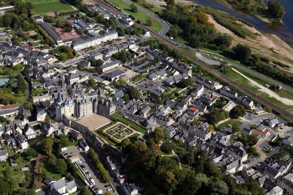 Aerial image Langeais - Castle of Schloss Chateau Langeais in Langeais in Centre-Val de Loire, France. The remains of the Donjon, one of the first to be built in stone, still stand from the original fortress