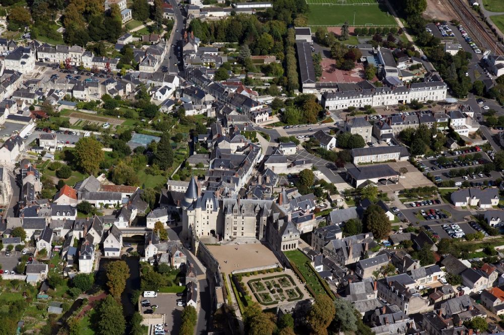 Langeais from above - Castle of Schloss Chateau Langeais in Langeais in Centre-Val de Loire, France. The remains of the Donjon, one of the first to be built in stone, still stand from the original fortress