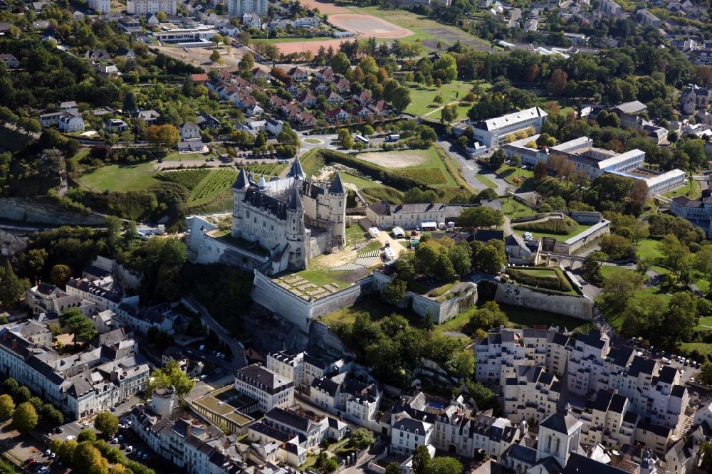 Saumur from the bird's eye view: Castle of Chateau Saumur in Saumur in Pays de la Loire, France. The castle is surrounded by bastions