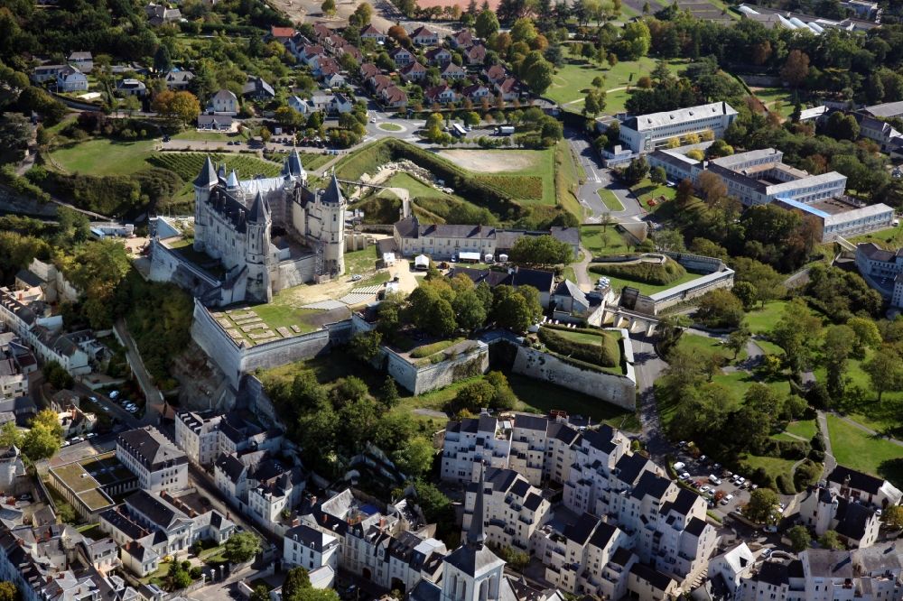 Aerial image Saumur - Castle of Chateau Saumur in Saumur in Pays de la Loire, France. The castle is surrounded by bastions