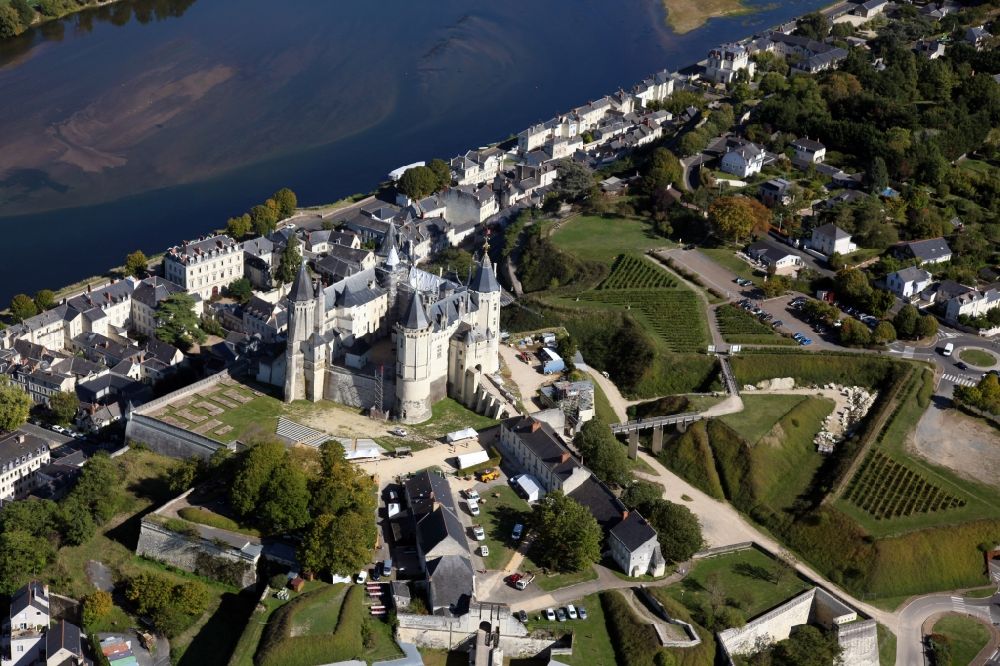Saumur from above - Castle of Chateau Saumur in Saumur in Pays de la Loire, France. The castle is surrounded by bastions