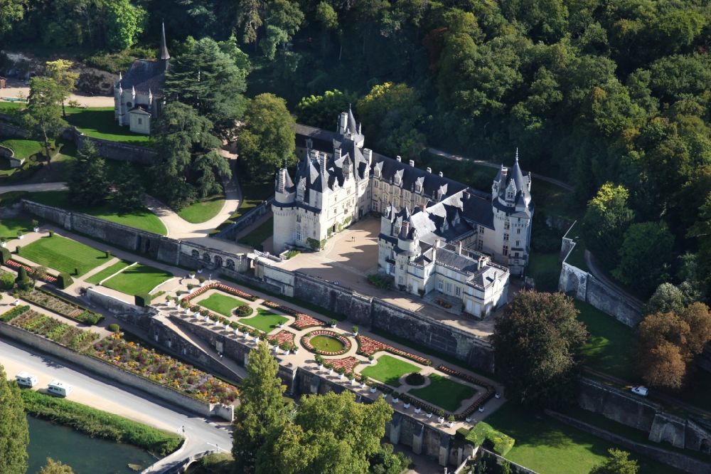 Aerial image Rigny Usse - Castle Chateau d' Usse in Rigny Usse in Centre-Val de Loire, France. The present castle dates back to a medieval castle, on the foundations of which a new plant was built and extended later. After further changes, Schloss Usse today presents itself as the epitome of a romantic fairytale castle. It is classified as a historic Monument