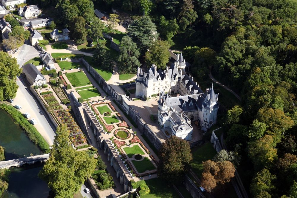 Rigny Usse from above - Castle Chateau d' Usse in Rigny Usse in Centre-Val de Loire, France. The present castle dates back to a medieval castle, on the foundations of which a new plant was built and extended later. After further changes, Schloss Usse today presents itself as the epitome of a romantic fairytale castle. It is classified as a historic Monument