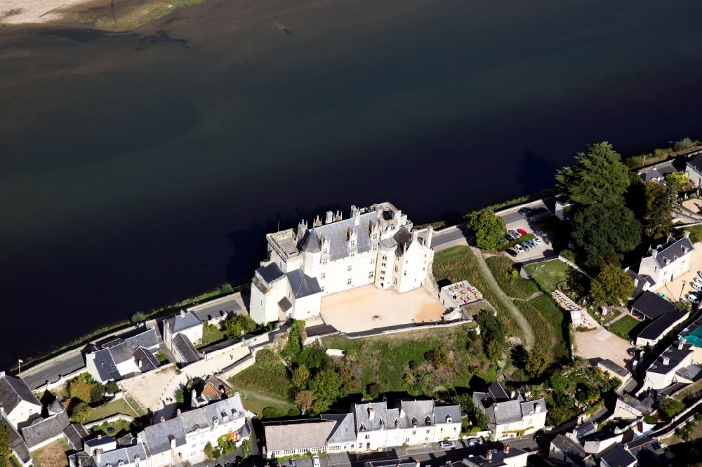 Montsoreau from the bird's eye view: Castle Montsoreau in Montsoreau in Pays de la Loire, France. The castle of Montsoreau is located right on the banks of the Loire. The Loire, which was originally built on the castle walls, ran through artificial trenches around the castle courtyard