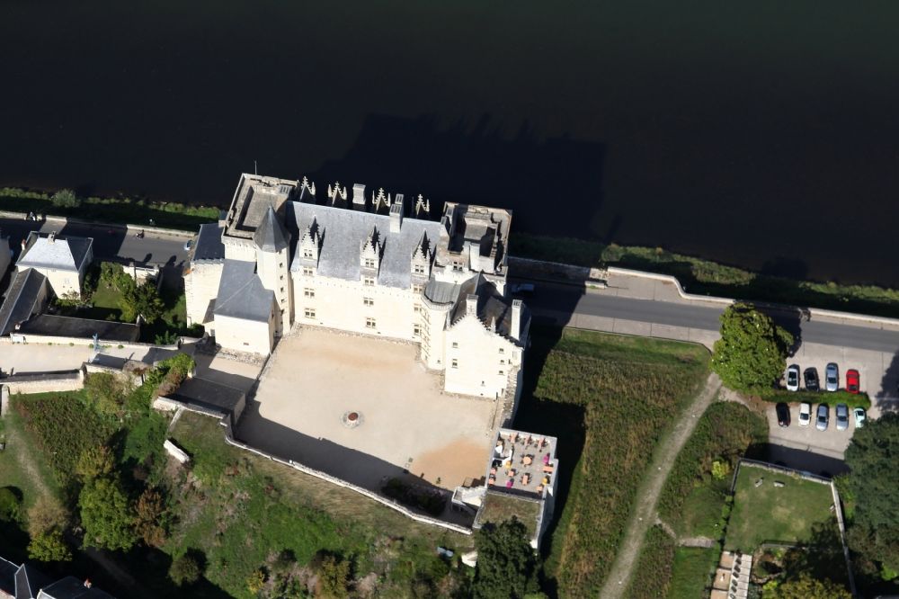 Aerial image Montsoreau - Castle Montsoreau in Montsoreau in Pays de la Loire, France. The castle of Montsoreau is located right on the banks of the Loire. The Loire, which was originally built on the castle walls, ran through artificial trenches around the castle courtyard