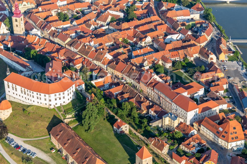 Aerial image Ptuj - Castle of the fortress above the hisorical old town in Ptuj in Slovenia