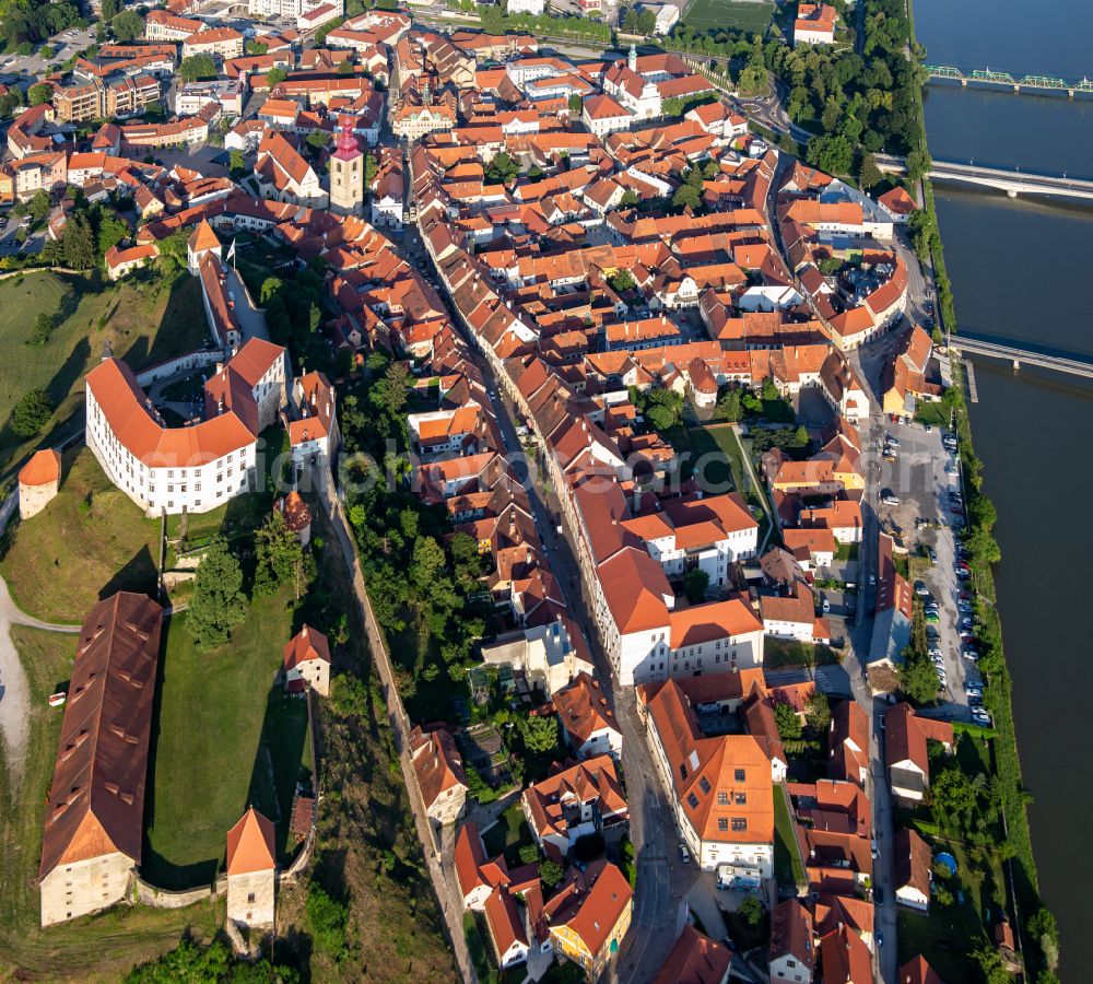 Ptuj from the bird's eye view: Castle of the fortress above the hisorical old town in Ptuj in Slovenia
