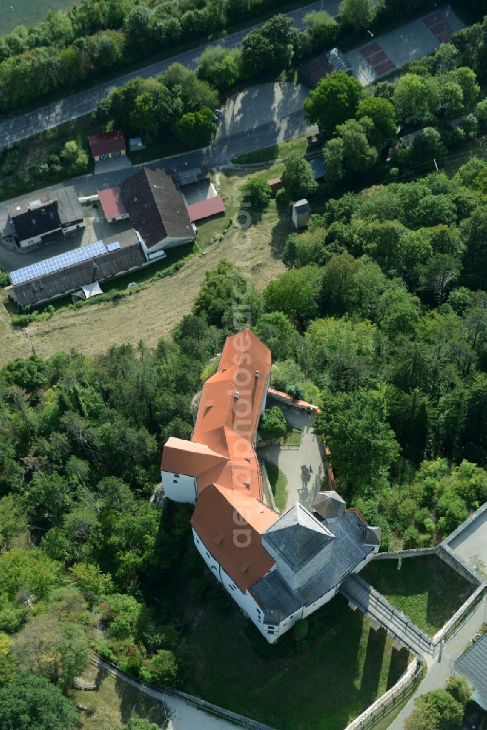 Riedenburg from above - Castle of the fortress Burg Prunn in Riedenburg in the state Bavaria