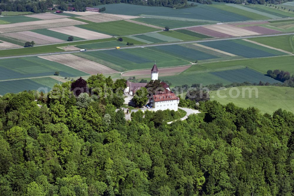 Owen from above - Castle of the fortress Burg Teck in Owen in the state Baden-Wuerttemberg, Germany