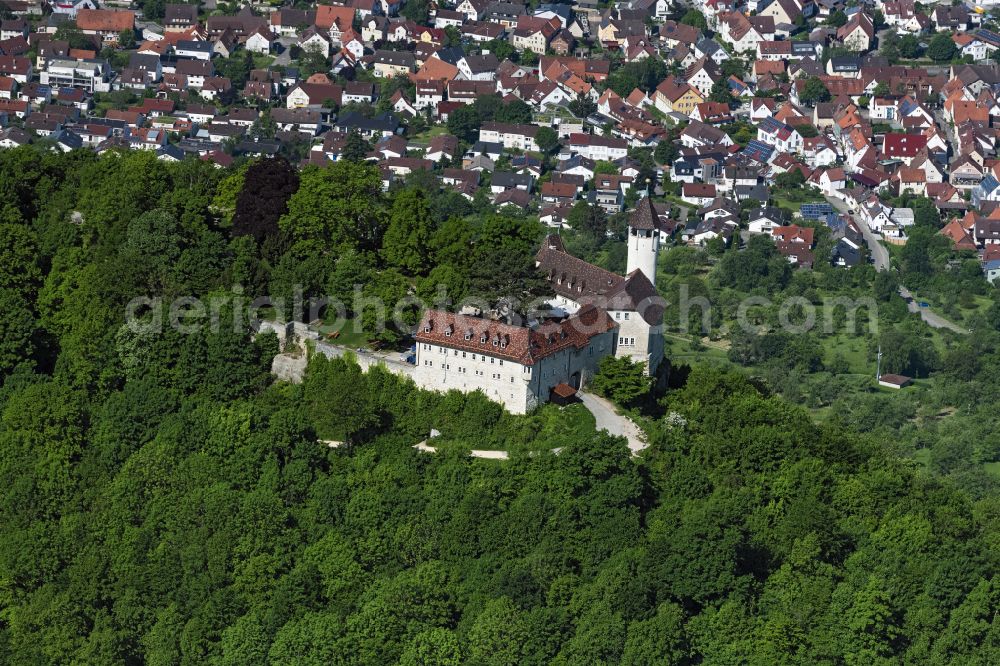 Aerial image Owen - Castle of the fortress Burg Teck in Owen in the state Baden-Wuerttemberg, Germany