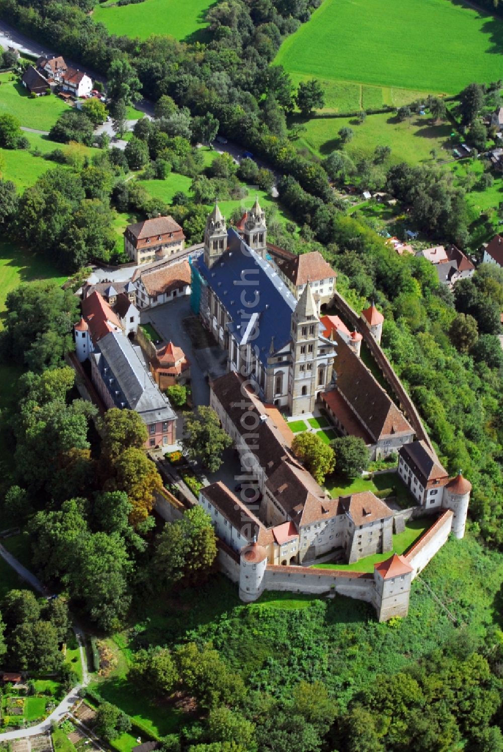 Schwäbisch Hall from above - Castle of the fortress Comburg in the district Steinbach in Schwaebisch Hall in the state Baden-Wuerttemberg, Germany