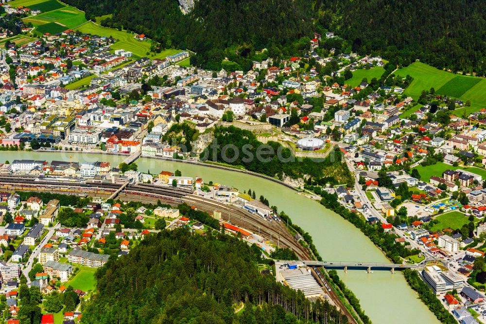 Kufstein from the bird's eye view: Castle of the fortress Festung Kufstein on Inn river in Kufstein in Tirol, Austria