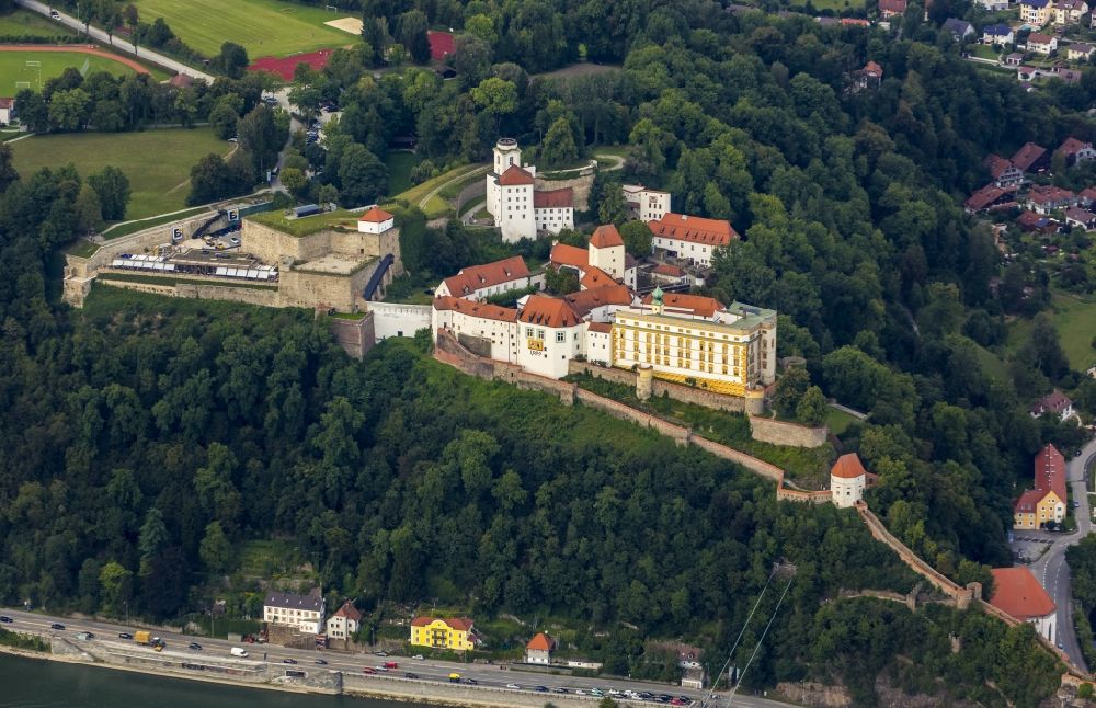 Passau from above - Fortress of the Veste Oberhaus on the banks of Danube and Ilz in Passau in Bavaria