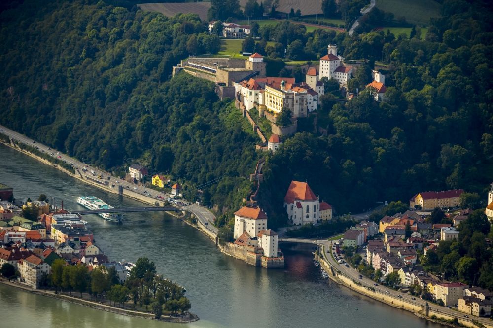 Aerial image Passau - Fortress of the Veste Oberhaus on the banks of Danube and Ilz in Passau in Bavaria
