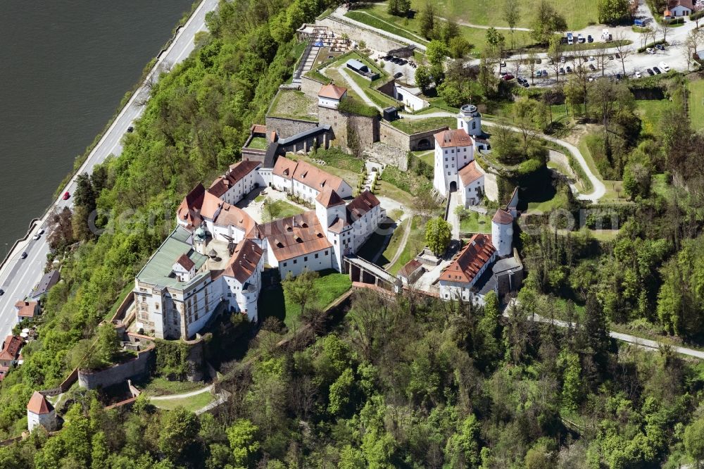 Passau from above - Castle of the fortress Oberhaus in Passau in the state Bavaria, Germany
