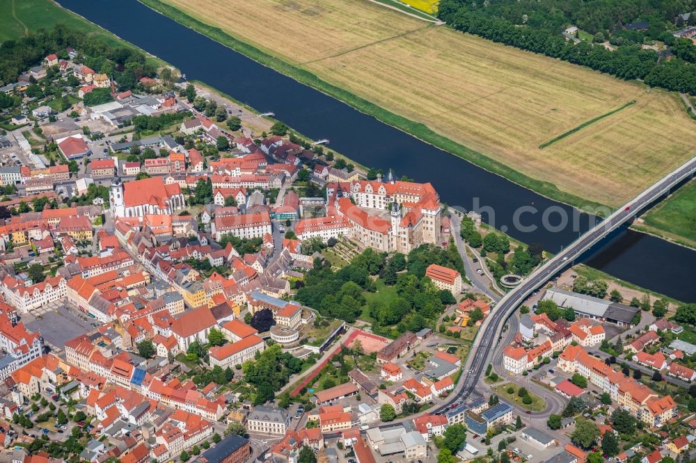Torgau from above - Castle of the fortress Schloss und Schlosskirche Hartenfels in Torgau in the state Saxony
