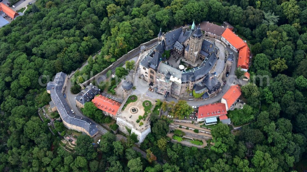 Aerial image Wernigerode - Castle of the fortress Schloss Wernigerode in Wernigerode in the state Saxony-Anhalt, Germany