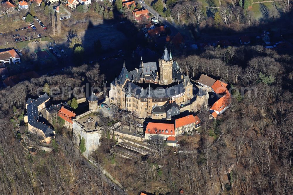 Wernigerode from the bird's eye view: Castle of the fortress Schloss Wernigerode in Wernigerode in the state Saxony-Anhalt, Germany