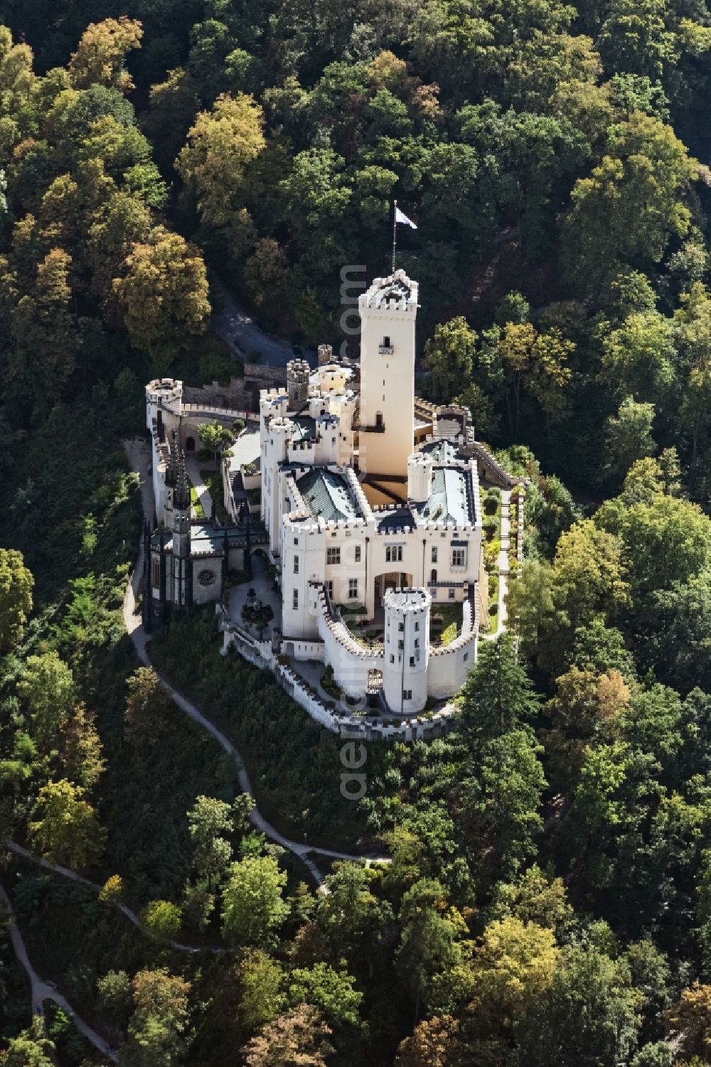 Aerial image Koblenz - Castle of the fortress Stolzenfels on Schlossweg in Koblenz in the state Rhineland-Palatinate, Germany