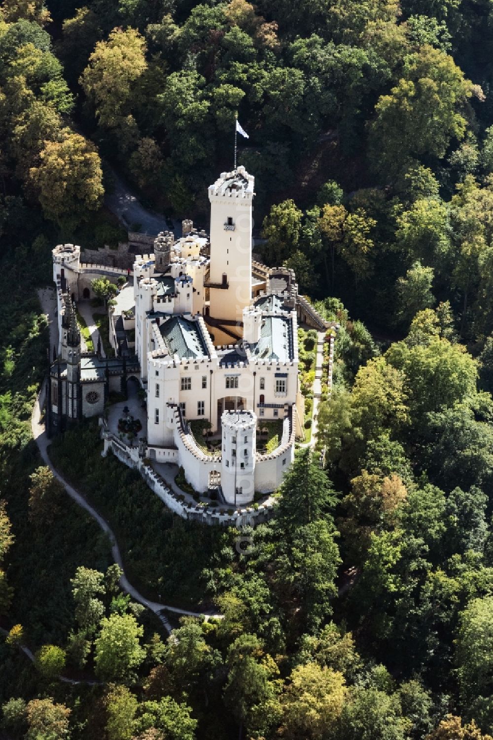 Aerial photograph Koblenz - Castle of the fortress Stolzenfels on Schlossweg in Koblenz in the state Rhineland-Palatinate, Germany