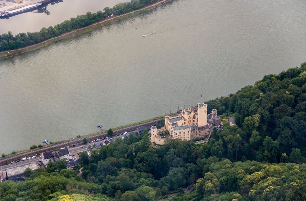 Aerial image Koblenz - Castle of the fortress Stolzenfels on Schlossweg in Koblenz in the state Rhineland-Palatinate, Germany