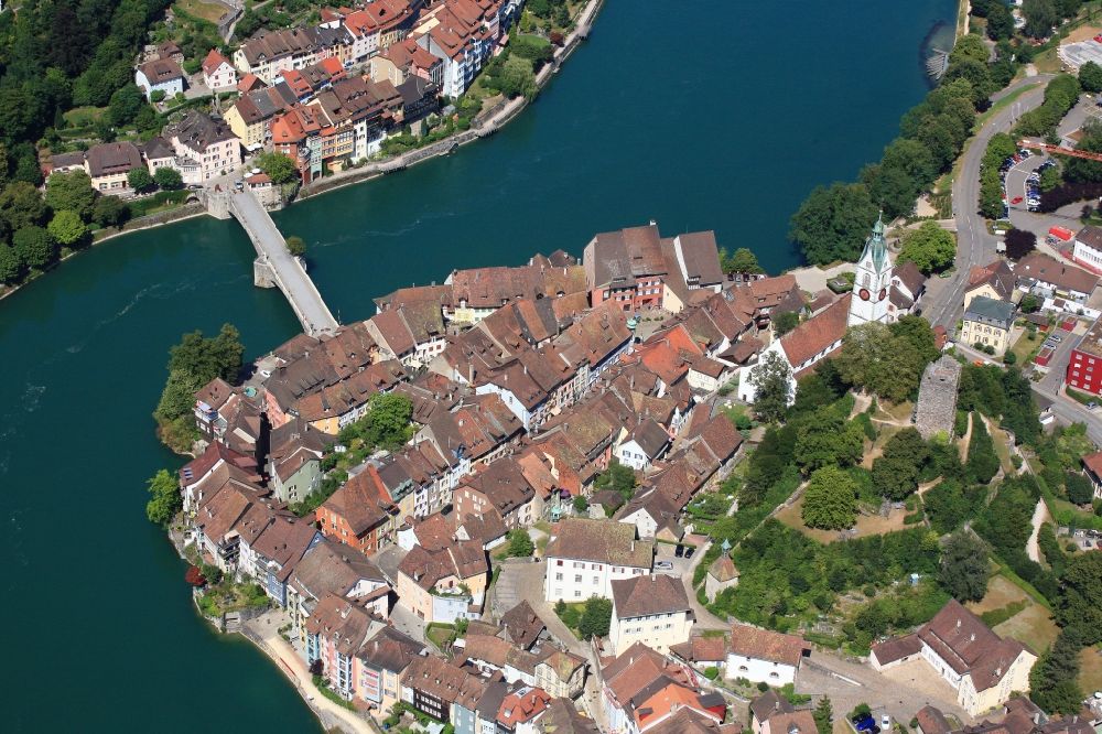 Laufenburg from the bird's eye view: Castle of the fortress on the shore of rhine in Laufenburg in Switzerland