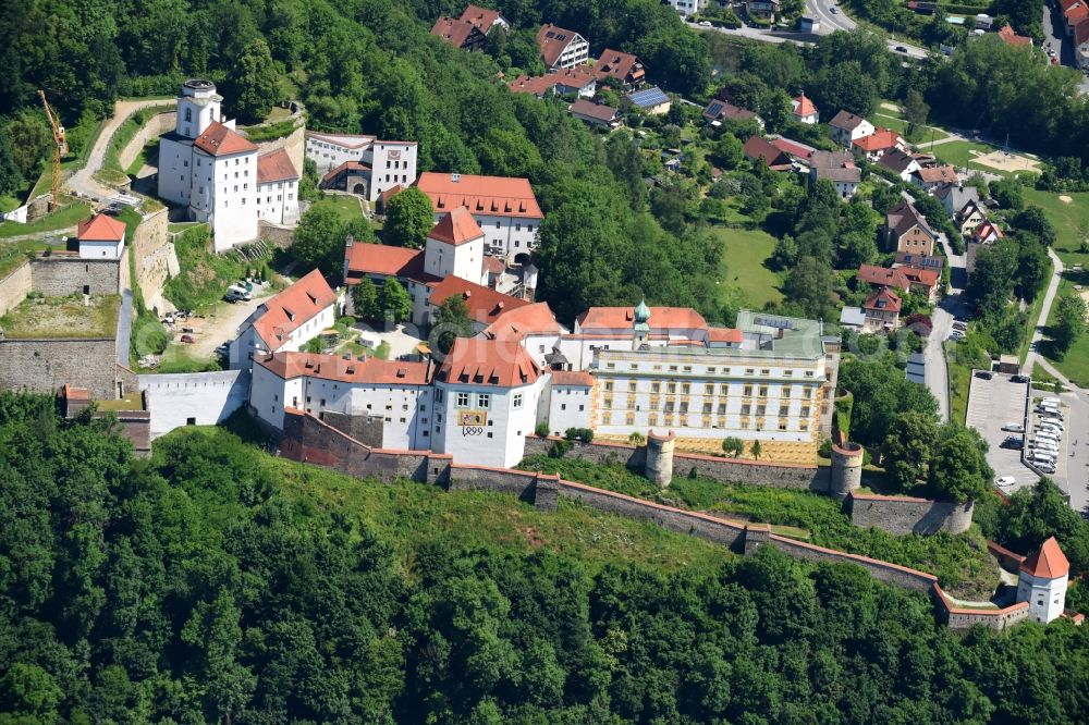 Aerial image Passau - Castle of the fortress Veste Oberhaus , the almost 800 years old and with 65,000 square meters of converted area is one of the largest preserved Burganlagen of Europe, stands in Passau in the state Bavaria, Germany