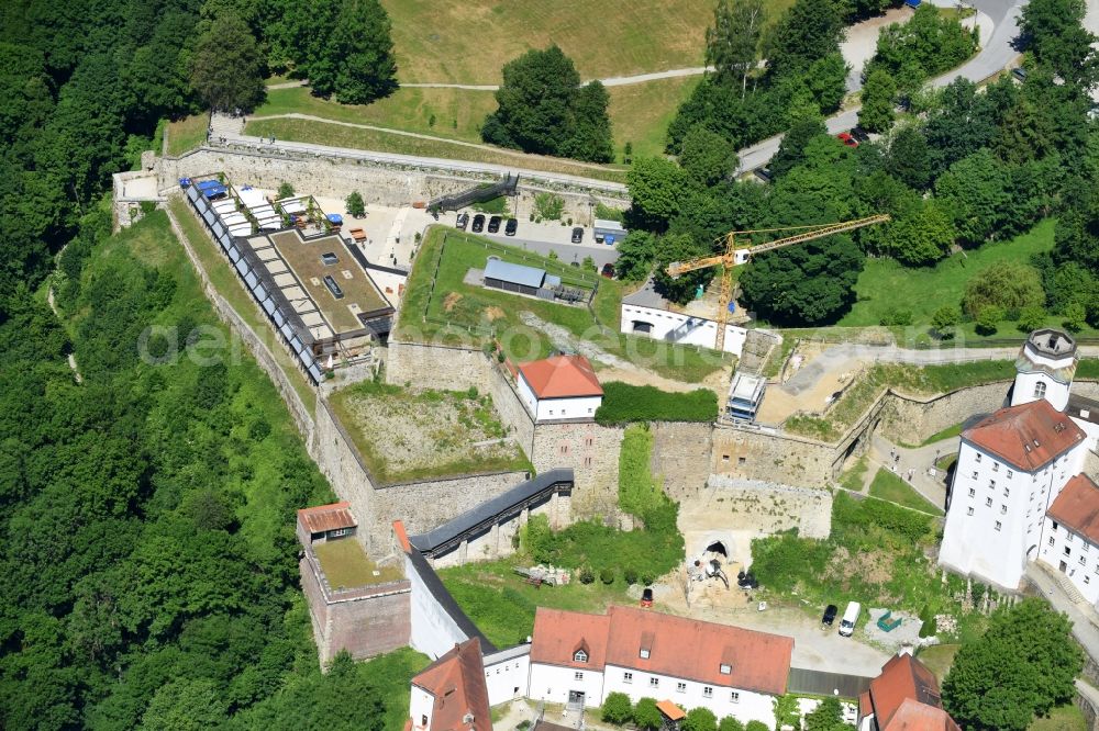 Aerial photograph Passau - Castle of the fortress Veste Oberhaus , the almost 800 years old and with 65,000 square meters of converted area is one of the largest preserved Burganlagen of Europe, stands in Passau in the state Bavaria, Germany