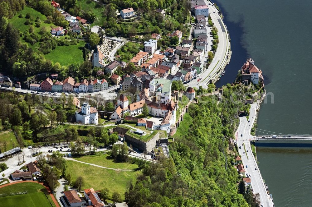 Passau from above - Castle of the fortress Veste Oberhaus , the almost 800 years old and with 65,000 square meters of converted area is one of the largest preserved Burganlagen of Europe, stands in Passau in the state Bavaria, Germany