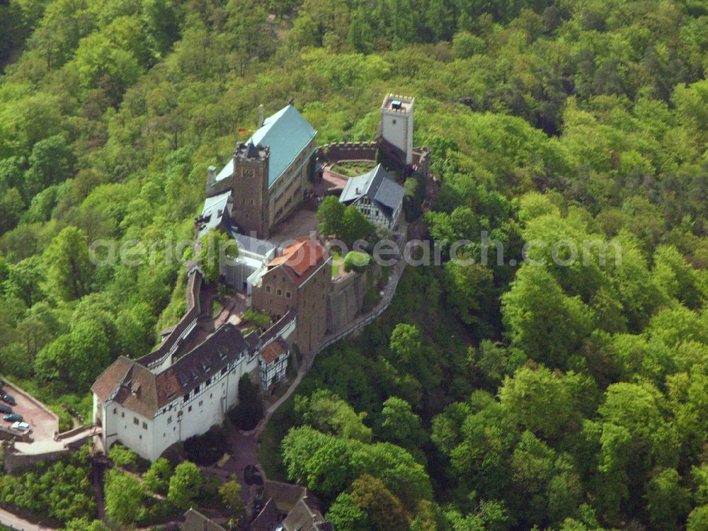 Aerial image Eisenach - Castle of the fortress Wartburg-Stiftung Eisenach in Eisenach in the Thuringian Forest in the state Thuringia, Germany