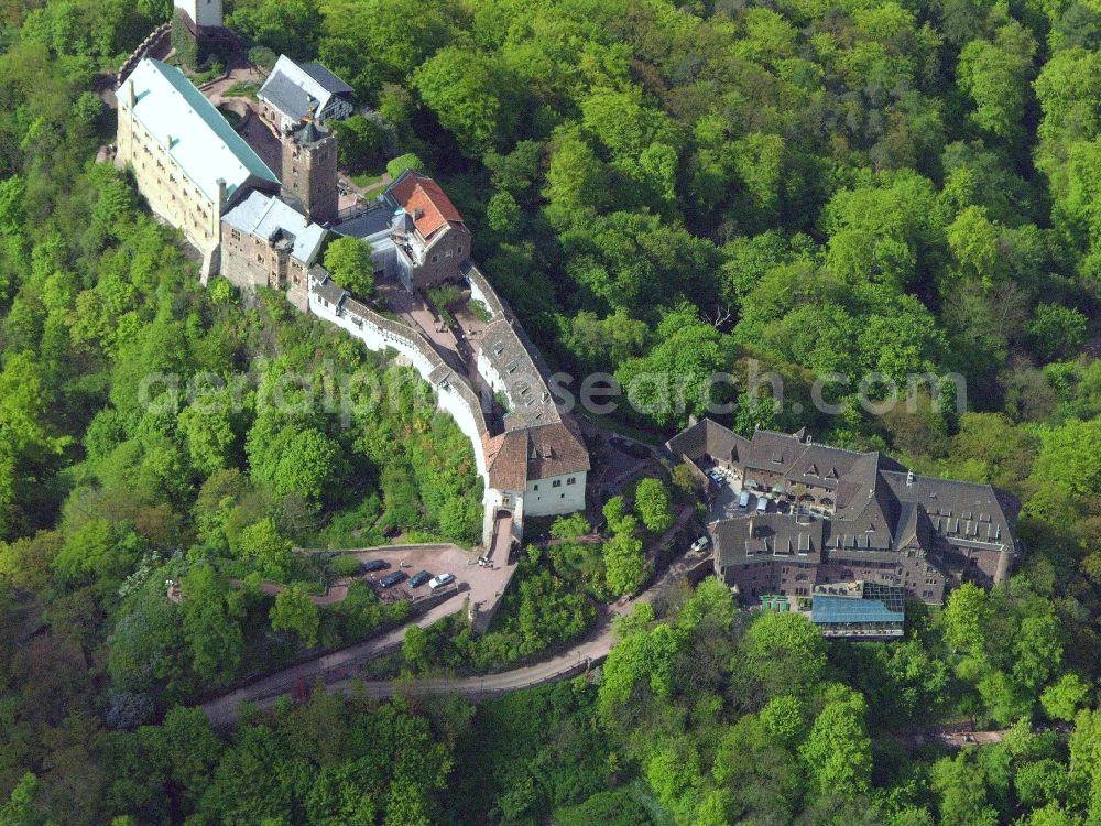 Eisenach from above - Castle of the fortress Wartburg-Stiftung Eisenach in Eisenach in the Thuringian Forest in the state Thuringia, Germany