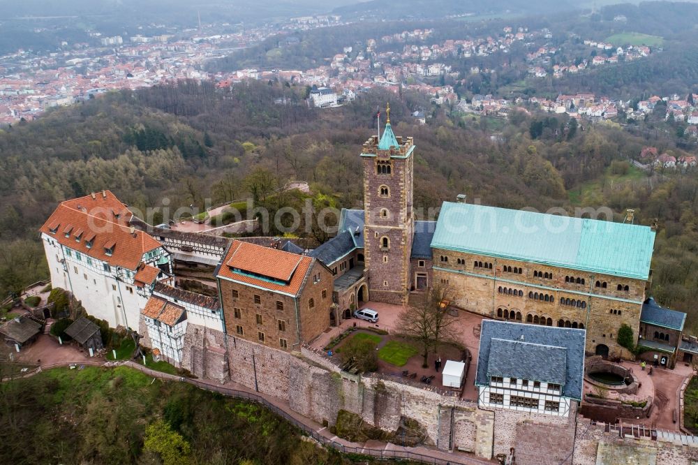 Eisenach from above - Castle of the fortress Wartburg-Stiftung Eisenach in Eisenach in the state Thuringia, Germany