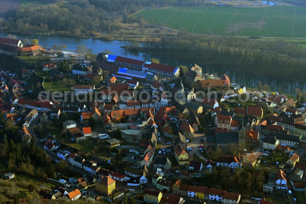 Wettin from above - Castle of the fortress in Wettin in the state Saxony-Anhalt, Germany