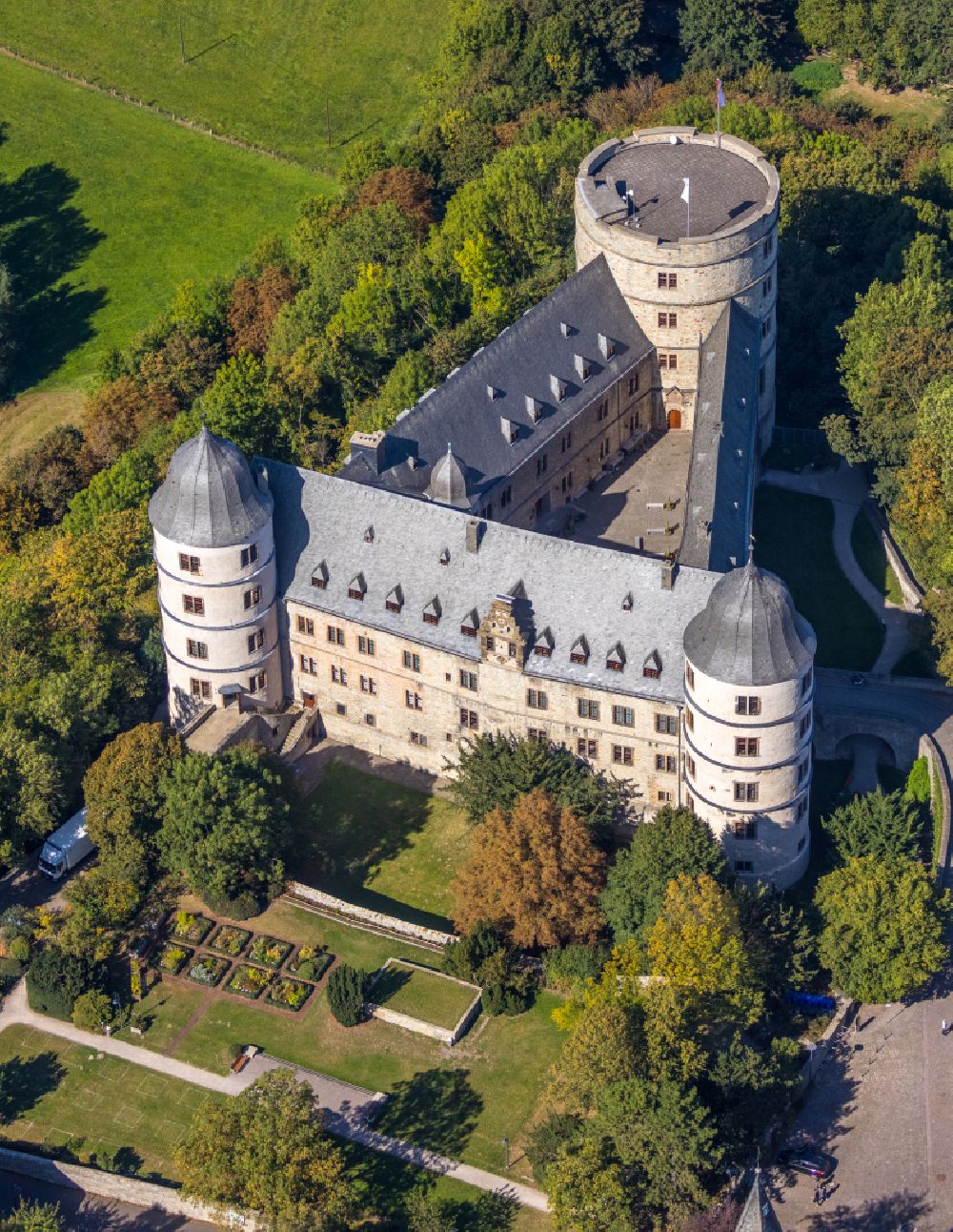 Büren from above - Castle of the fortress Wewelsburg on Burgwall in Bueren in the state North Rhine-Westphalia