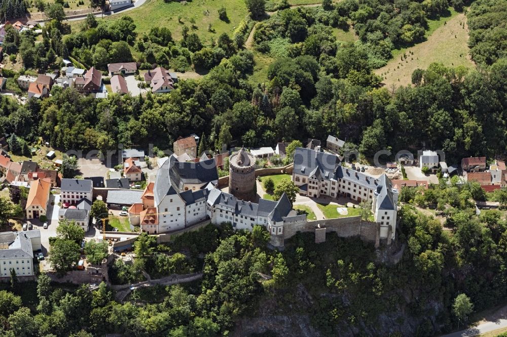 Leisnig from above - Walls of the castle complex on the plateau Mildenstein in Leisnig in the state Saxony, Germany