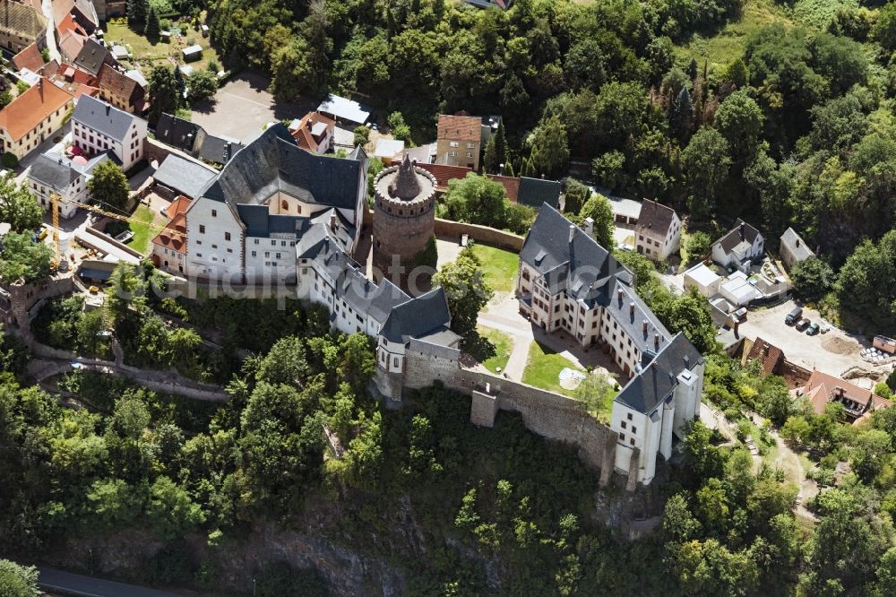 Aerial image Leisnig - Walls of the castle complex on the plateau Mildenstein in Leisnig in the state Saxony, Germany