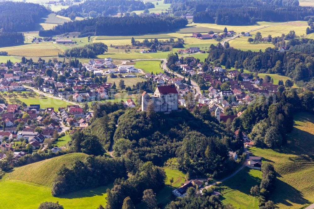 Aerial image Waldburg - Walls of the castle complex on the plateau Schloss Waldburg in Waldburg in the state Baden-Wuerttemberg, Germany