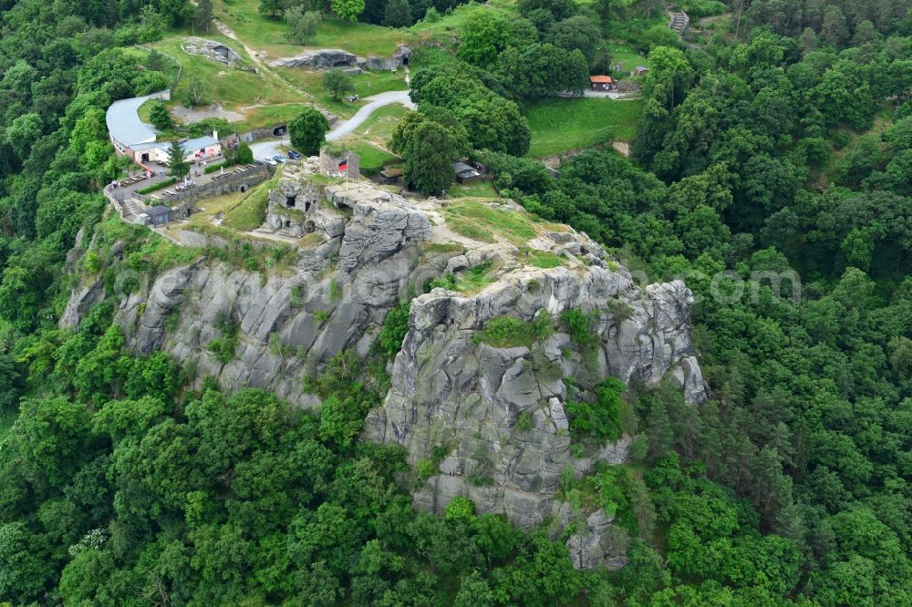 Aerial photograph Blankenburg - Rain ruins of the castle in a rock-hewn stone dungeon at Blankenburg in Saxony-Anhalt