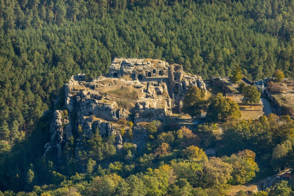 Blankenburg (Harz) from above - Rain ruins of the castle in a rock-hewn stone dungeon at Blankenburg in Saxony-Anhalt