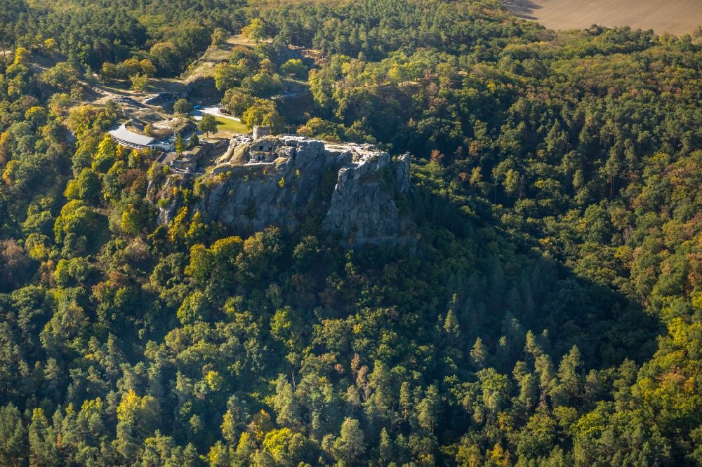 Blankenburg (Harz) from the bird's eye view: Rain ruins of the castle in a rock-hewn stone dungeon at Blankenburg in Saxony-Anhalt