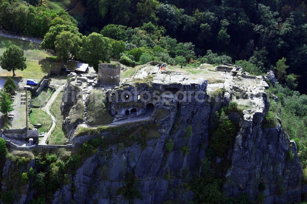Aerial image Blankenburg (Harz) - Rain ruins of the castle in a rock-hewn stone dungeon at Blankenburg in Saxony-Anhalt