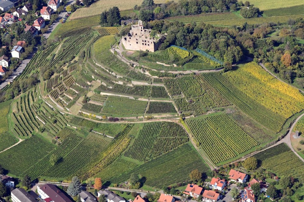 Aerial image Staufen im Breisgau - Autumn in the vineyard at the castle with structures of the roads to grow the vine of Baden the in Staufen in Breisgau in the state Baden-Wuerttemberg, Germany