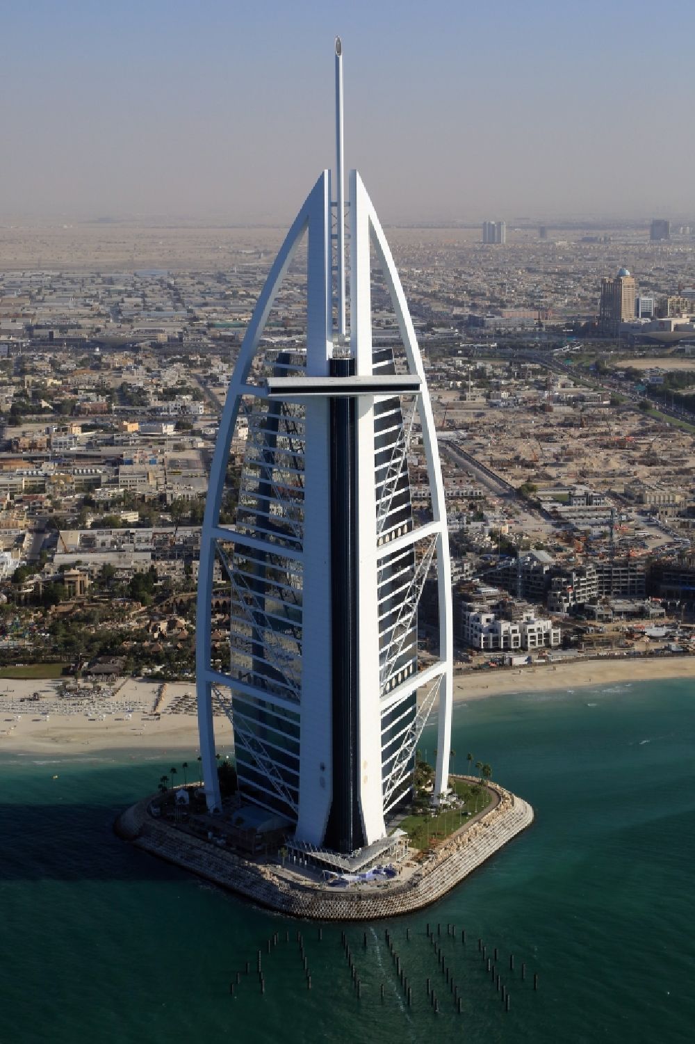 Dubai from the bird's eye view: Burj Al Arab is landmark and symbol of Dubai in United Arab Emirates