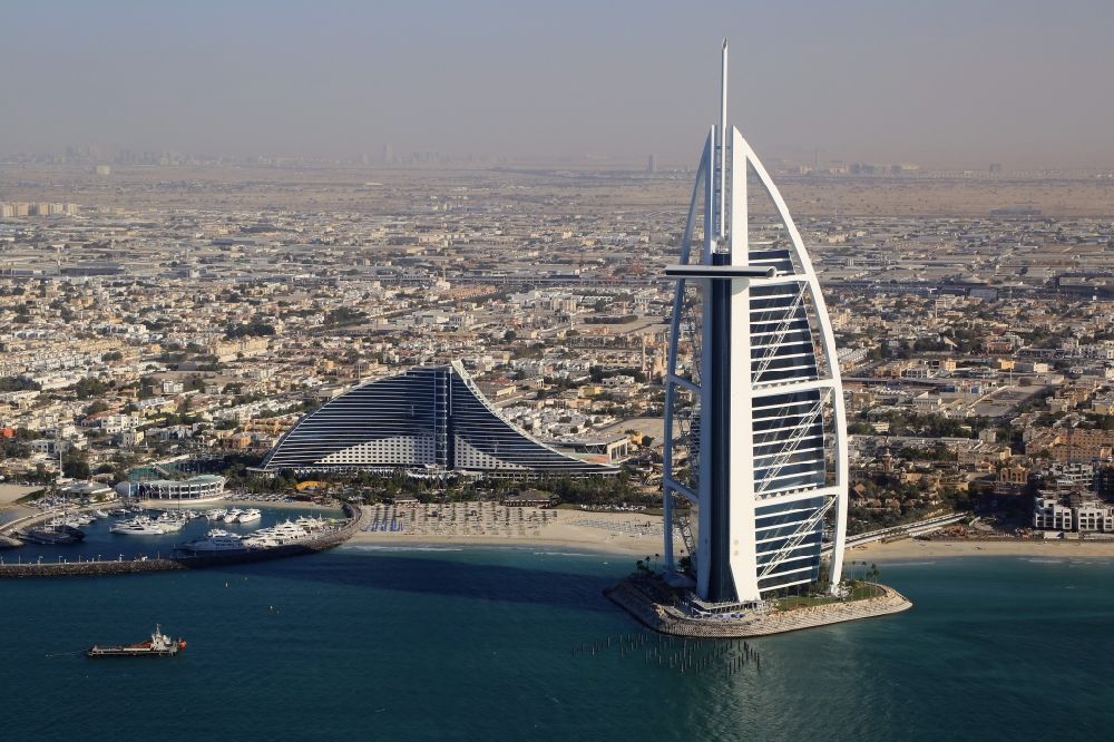 Dubai from above - Burj Al Arab and Jumeirah Beach Hotel are landmark and symbol of Dubai in United Arab Emirates